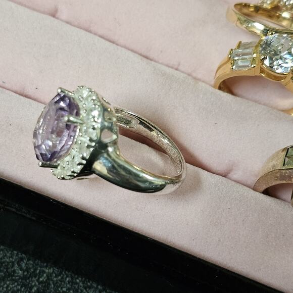 Sterling Silver Cushion Amethyst & White Zircon Ring Sz 6 Statement Birthstone - Picture 5 of 9